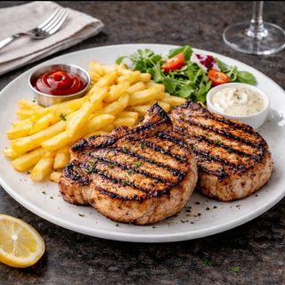 2 porții de cotlet de porc la grătar  + 2 porți de cartofi prăjiți 