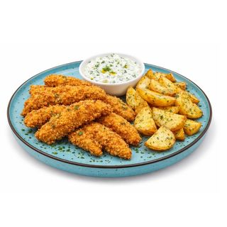 Mușchiuleț de pui crispy cu cartofi  prăjiți  450g