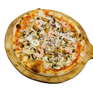 Aluat de pizza, Mixt fructe de mare, Ciuperci, Mozzarella, Parmezan, Sos pentru pizza,32 cm