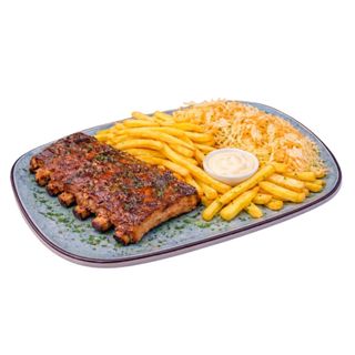 Coaste de porc cu cartofi prajiti si salata 600g