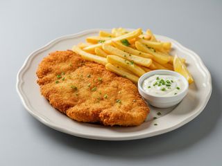 Şniţel de pui pane cu cartofi prăjiți si sos de usturoi