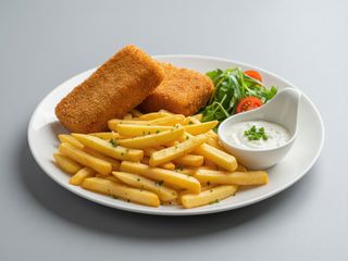 Cașcaval pane cu cartofi prăjiți si sos de usturoi