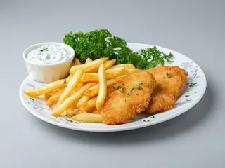 Şnitel piept de pui cu cartofi pai și sos tzatziki