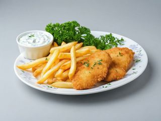 Şnitel piept de pui cu cartofi pai și sos tzatziki