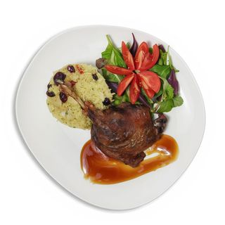 Pulpa de rata, orez basmatic cu migdale, merisoare si dulceata de mar 