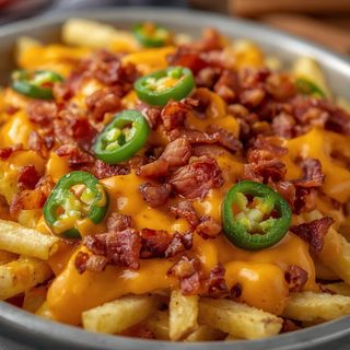 Cartofi prăjiți, bacon, sos cheddar si ardei jalapenos