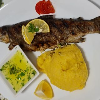 Pastrav la grătar cu mamaliguta si mujdei