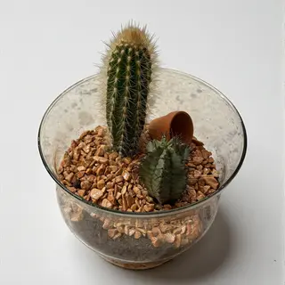 Mini aranjament cu cactuși în bol de sticlă