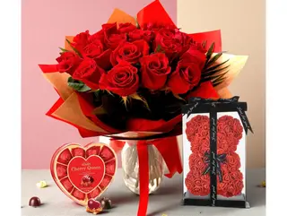 ❤️  21 Trandafiri, Inimă cu Bomboane & Ursuleț
