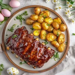 Coaste de porc cu sos BBQ cu cartofi aromatizati