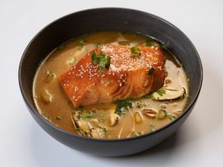 Miso soup with fried salmon