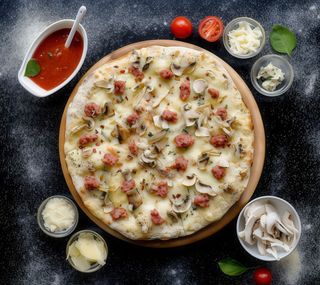 Pizza Quatro formaggi cu ciuperci și salsiccia Mega 