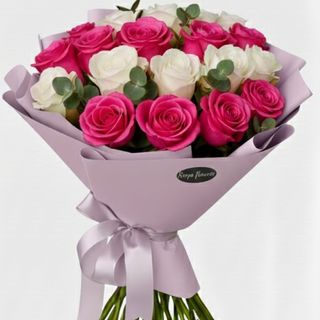 Buchet 15 trandafiri albi & topaz fuxia