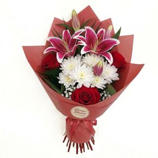 Buchet crin imperial trandafiri roși & crizantemă