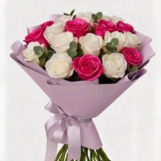 Buchet 15 trandafiri albi & topaz fuxia