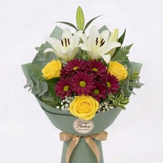Buchet crin imperial trandafiri galbeni & crizantema