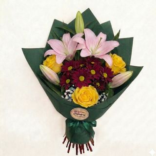 Buchet crin imperial trandafiri galbeni & crizantema