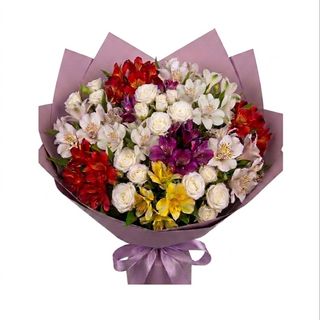 Buchet miniroze pastel & astromeria colorată