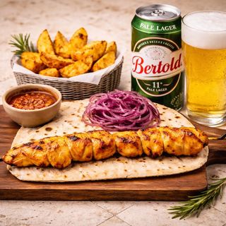 Shashlik de pui + cartofi+ bere Bertold