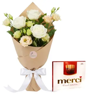 Buchet 3 trandafiri, 2 eustoma și Merci
