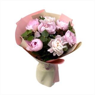 Buchet 7 Bujori roze si eucalipt