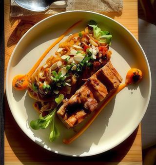 Piept de porc asiatic cu noodles si legume