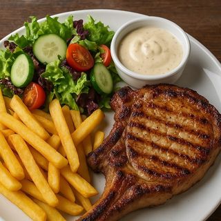 Cotlet de porc la grătar cu cartofi prăjiți, salata mixtă și sos
