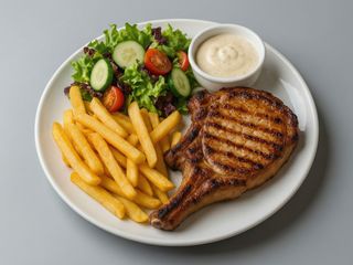 Cotlet de porc la grătar cu cartofi prăjiți, salata mixtă și sos