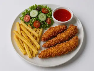 Pui crispy cu cartofi prăjiți, salata mixtă și sos dulce acrișor