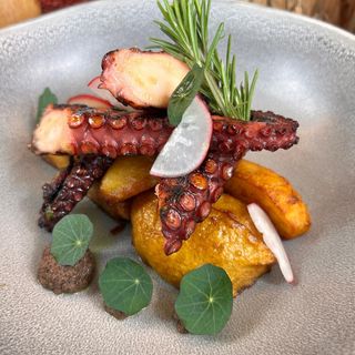 TENTACULE DE CARACATITA LA GRILL CU SOS PESTO DE PATRUNJEL SI CARTOFI CU ROZMARIN 200\200GR