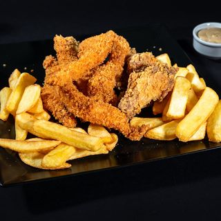 Wings and strips platter with fries and sos garlic mayo
