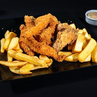Strips and wings platter with fries and sos garlic mayo