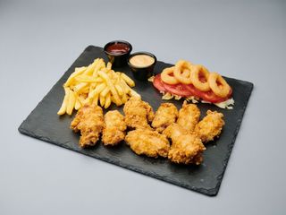 Wings platter with fries and sos burgatore , sos barbeque