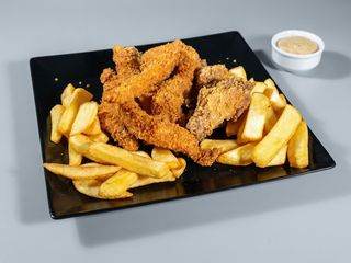 Strips and wings platter with fries and sos garlic mayo