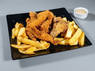 Wings and strips platter with fries and sos garlic mayo