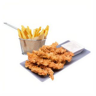 Crispy Strips(5 fasii) cu cartofi prajiti+sos