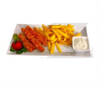 Mini Crispy Strips(3 fasii) si cartofi prajiti+sos