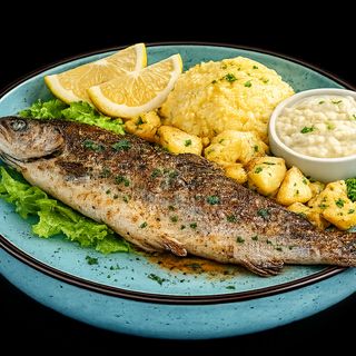 Păstrăv intreg la gratar cu cartofi aurii, mamaliga si mujdei de usturoi 450g