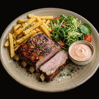 Scaricica de porc cu cartofi prajiti si mix de salata