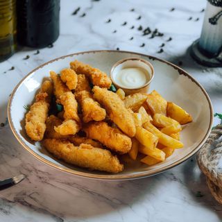 Juicy Crispy cu cartofi prăjiți si sos alioli