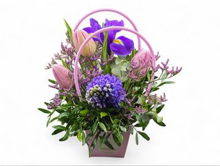 Punguta de primavara cu flori roz si mov