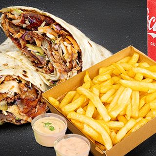 Meniu Durum de pui + cartofi prăjiți + 2 sosuri +1 doza pepsi 0.25l-800g