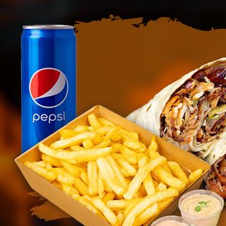 Meniu Durum berbecut + cartofi prăjiți+ 2 sosuri +1 doza pepsi 0.25l-800g