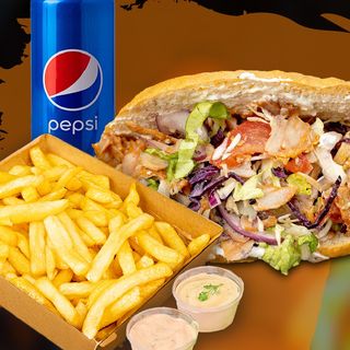 Meniu Doner kebab + cartofi prăjiți + 2 sosuri +1 doza pepsi 0.25l-650g