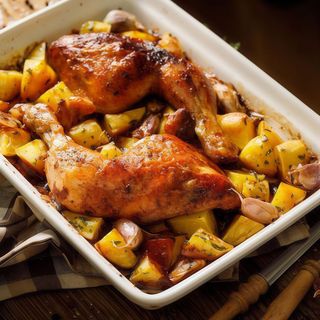 Pulpe de pui cu cartofi la cuptor