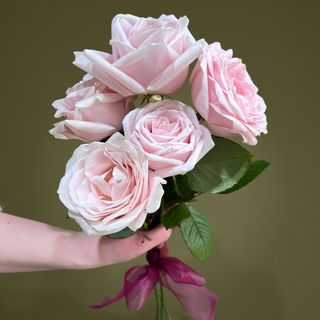 Buchet cu 5 trandafiri roz si fundita