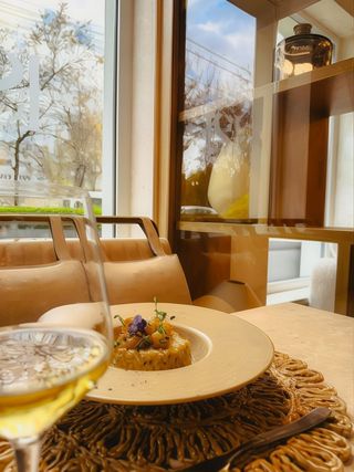 Risotto compere caramellate gorgonzola e cacao amaro