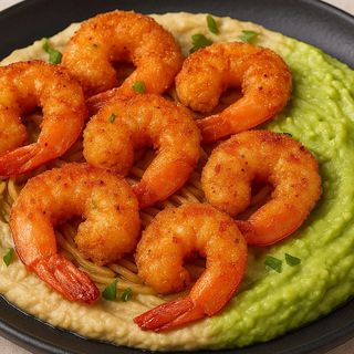 Creveti Panko pe pat de hummus si guacamole