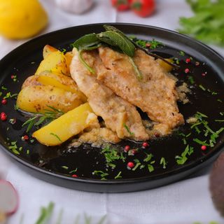 Piept de pui cu unt și salvie, cu cartofi la cuptor