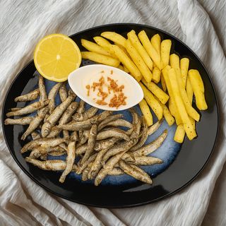 Șprot pane cu cartofi prăjiți si sos de maioneza cu usturoi